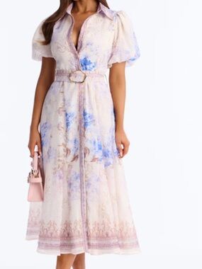 Fashion Nova Cream Midi Dress with Blue Floral Print